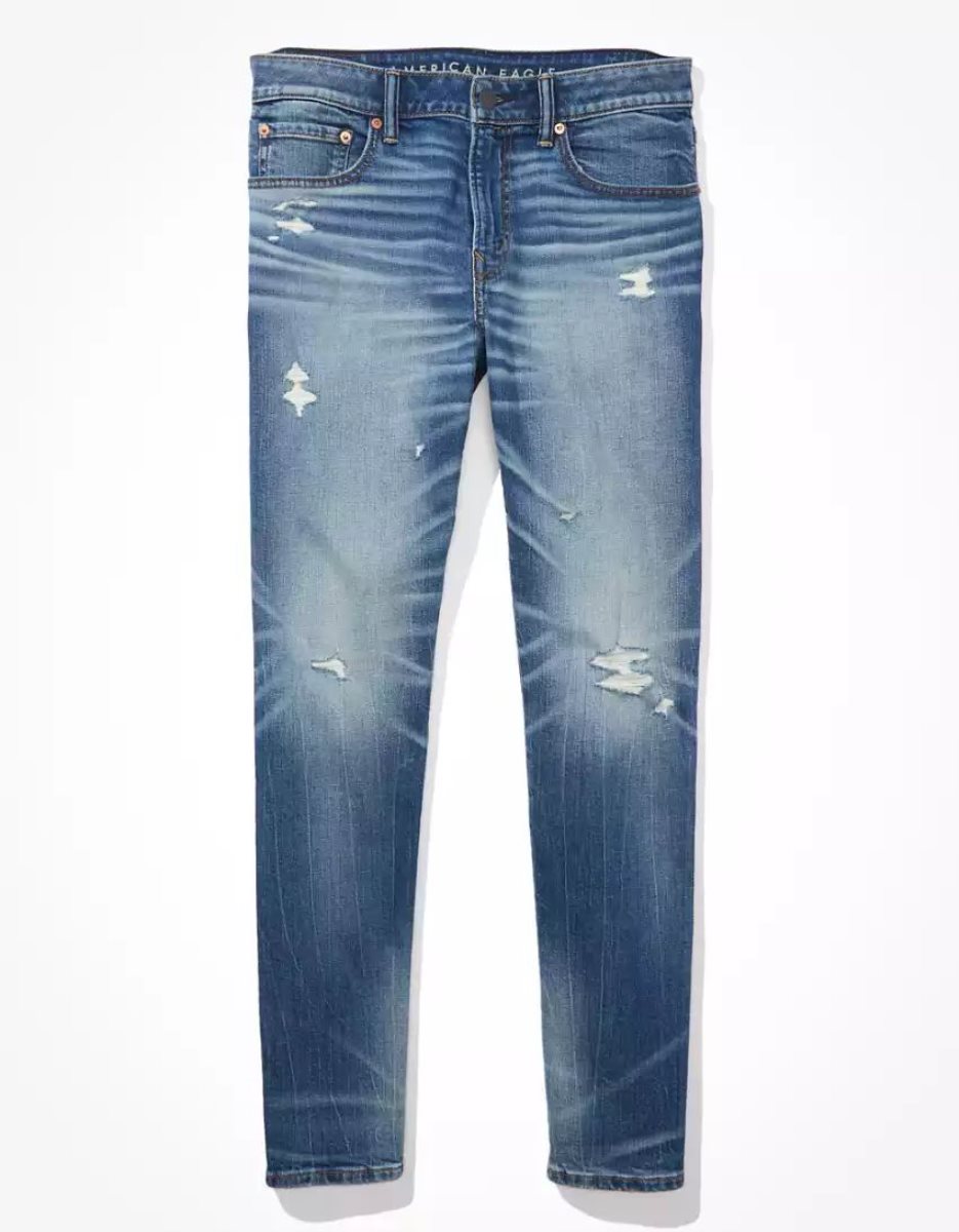 Jean American Eagle AE Real Good Upcycled AirFlexDistressed Athlétiques Fit Bleu Foncé Homme | ZTU-33247142